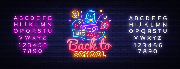 Wall Mural - Back to School concept banner in fashionable neon style, luminous signboard, nightly advertising of sales rebates of School. Vector illustration for your projects. Editing text neon sign