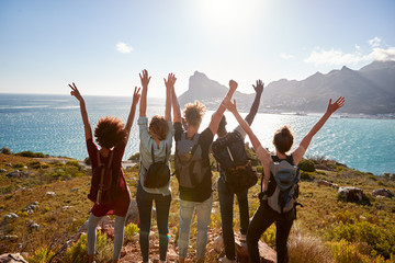 millennial friends on a hiking trip celebrate reaching the summit and admire the view, back view