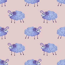 Watercolor Cute Blue Sheep Seamless Pattern. Fun Pattern For Kids.