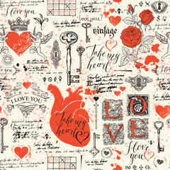 Abstract background with hearts, roses, keys, keyholes, cupids and handwritten inscriptions. Vector seamless pattern on the theme of Declaration of love and Valentine day in retro style