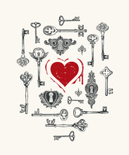 Vector Greeting Card Or Banner On The Theme Of Love With Hand-drawn Vintage Keys And Red Heart With Blood In Retro Style. The Keys To The Heart.