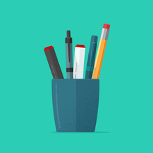 Pencils Holder Vector Illustration Or Flat Cartoon Blue Glass With Stationery Pens Isolated Clipart