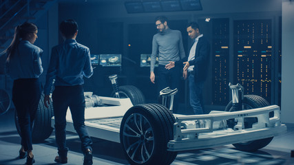 Poster - Team of Automotive Engineers Designing Electric Car Platform Chassis Prototype, Taking Measures, Working with 3D CAD Software, Checking Quality Control. Vehicle Frame with Wheels, Engine and Battery.
