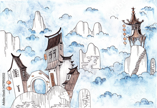 stylizowana-chinska-architektura-akwarela-rysunkowa-yangshuo