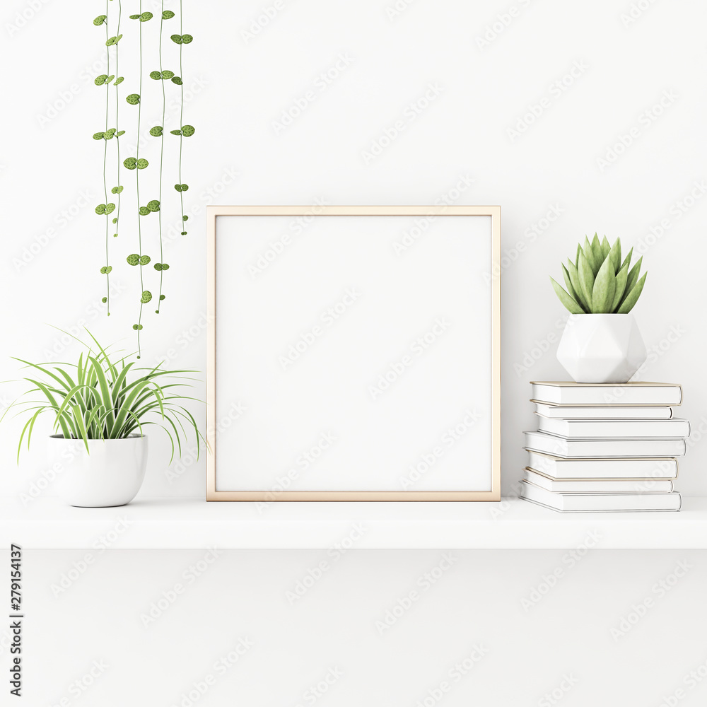 Interior poster mockup with square gold metal frame standing on the table with plants in pots and pile of books on empty white wall background. 3D rendering, illustration. - obrazy, fototapety, plakaty 
