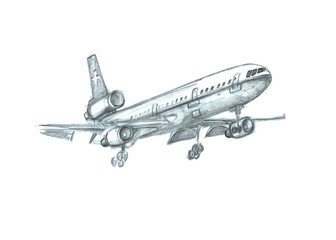  Airplane in the sky. Pencil illustration