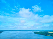 Beautiful Panoramic Aerial Drone View To The Place Of Connecting The Bug And Narew Rivers With A Warm Summer Day In July, Poland, Masovian