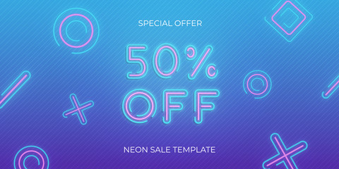 Poster - Sale banner neon template. Neon sale discount offer