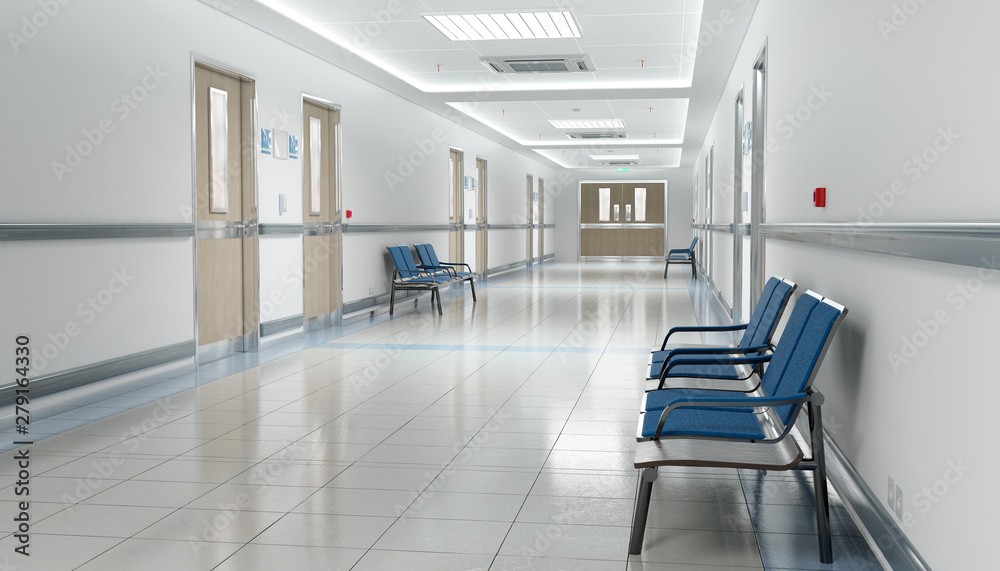 Long hospital bright corridor with rooms and seats 3D rendering - obrazy, fototapety, plakaty 