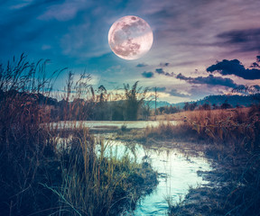 Wall Mural - landscape at night time in the forest lake with fogy and darkness sky super moon in the background.