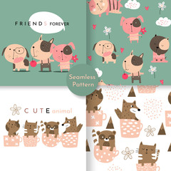Wall Mural - cute baby animals seamless pattern,for fabrics, textiles, children's wear, wrapping paper,vector illustration