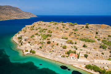Canvas Print - Aerial drone view of the ruins of the fortress and leper colony on Spinalonga island, Crete Greece