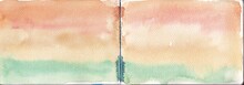 Orange And Green Abstract Landscape Watercolour Painting On Sketch Book Double Pages Panorama View