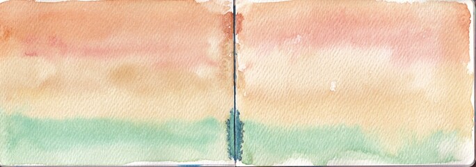 orange and green abstract landscape watercolour painting on sketch book double pages panorama view