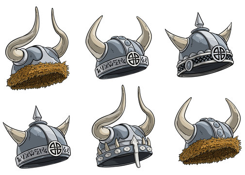 Cartoon metal viking warrior helmet with horns, fur and runes. Isolated on white background. Vector icon set. Vol. 2