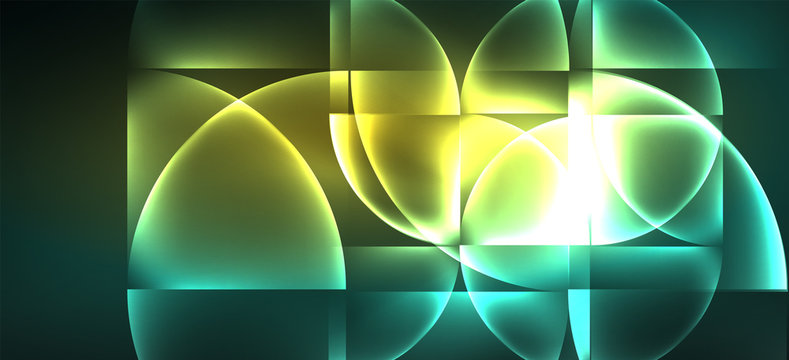 Techno glowing glass geometric shapes vector background, futuristic dark template with neon light effects and simple forms