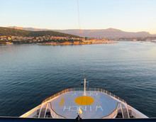 Beautiful View From Cruise Ship At Coast Of Split, Croatia. Landscape In The Morning During The Approach Of The Passenger Liner To The Harbor Of Old European City.
