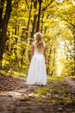 Adorable Blond Girl Walking In Sunny Day In Magical Forest