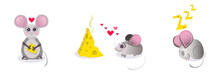 Vector Cartoon Character Set,collection. Mouse Holding A Piece Of Cheese, Mouse Falls In Love With Cheese, Mouse Dreams About   Cheese