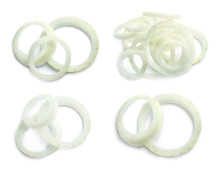 Set Of Raw Onion Rings On White Background