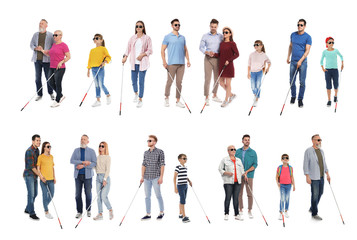 Wall Mural - Set of blind people with long canes on white background