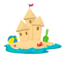 Sand Castle Surrounded By Water With A  Crab, Spatula And Ball. Vector Illustration In Cartoon Style On A White Background