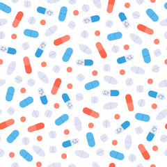 Vector flat color pill seamless pattern. Colorful red, blue, yellow, white pills isolated on white background. Design tile element for pharma web, banner, poster, presentation, textile, ui.