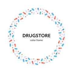 Wall Mural - Vector flat color pill banner frame. Colorful red, blue, yellow, white pills isolated on white background in circle with text. Design element for medical drugstore web, poster, advertisment.