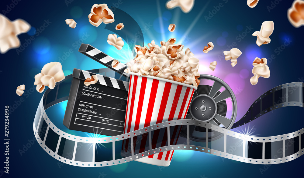 Vector movie cinema poster flying popcorn tape - obrazy, fototapety, plakaty 