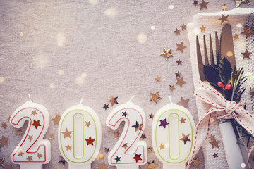 Wall Mural - Happy New Year 2020 table place setting, New year eve lunch and dinner menu concept