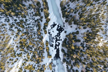 Aerial view. Winter in Canada. Iced River