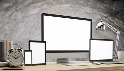 Computer notebook tablet smart phone blank screen on wood table and cement background workspace mock up design illustration 3D rendering