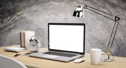 Computer notebook blank screen on wood table and cement background workspace mock up design illustration 3D rendering