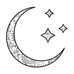 Crescent moon with stars with abstract patterns on isolation background. Design for spiritual relaxation for adults. Black and white illustration for anti stress colouring page