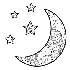 Wall Mural - Crescent moon and stars with abstract patterns on isolation background. Design for spiritual relaxation for adults. Line art creation. Black and white illustration for anti stress colouring page