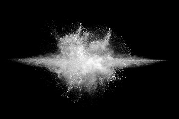 Wall Mural - white powder explosion on black background. colored cloud. colorful dust explode. paint holi.