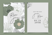 Summer Flower Wedding Invitation Set, Floral Invite Thank You, Rsvp Modern Card Design In Pink Peony And White  Floral With Leaf Greenery  Branches Decorative Vector Elegant Rustic Template
