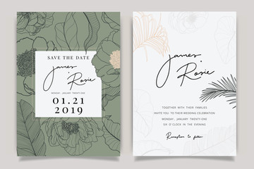 Wall Mural - Summer Flower Wedding Invitation set, floral invite thank you, rsvp modern card Design in Pink peony and white  floral with leaf greenery  branches decorative Vector elegant rustic template