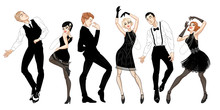Retro Party Set, Men And Women Dressed In 1920s Style Dancing, Flapper Girls, Handsome Guys In Vintage Suits, Twenties, Vector Illustration
