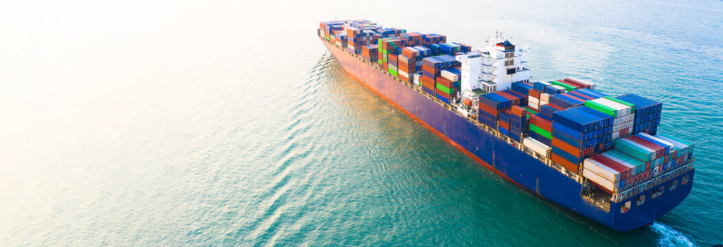 aerial view container ship carrying container in import export business logistic and transportation 