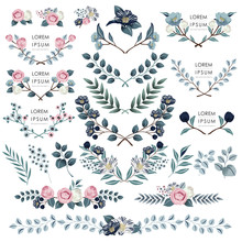 Vector Illustration Of Floral Borders Collection. A Set Of Beautiful Flowers And Branches For For Wedding, Anniversary, Birthday And Party. Design For Banner, Poster, Card, Invitation And Scrapbook