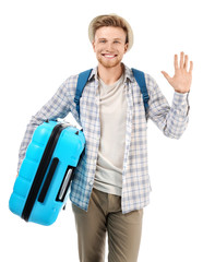 Sticker - Young tourist on white background