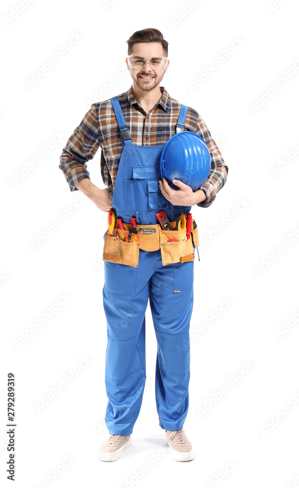 Male electrician on white background