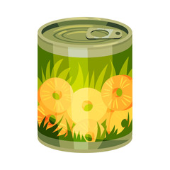 Poster - Round tin can with pineapple rings. Vector illustration on white background.