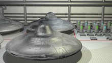 UFO In Hangar Underground With Aliens In Stasis Chambers . 3d Render