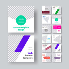 Poster - Set of white vector square web banners with place for photo and different geometric color design elements.