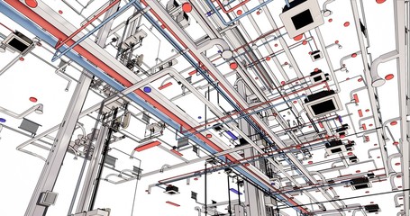 Fototapete - BIM model conceptual visualization of the utilities of the building
