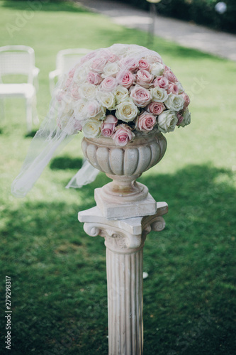 Elegant Wedding Bouquet On Column Stylish Decor Of Wedding Aisle