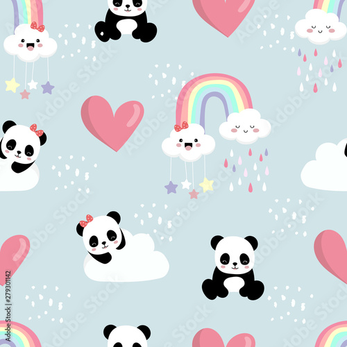 Cute Background With Panda Heart Rainbow Cloud Vector Illustration