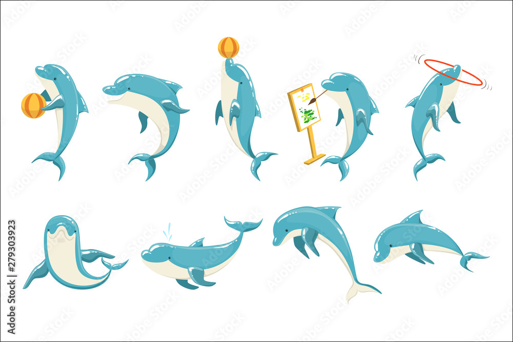 Bottlenose Dolphin Performing Tricks Set of Illustrations - obrazy, fototapety, plakaty 